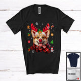 MacnyStore - Corgi Reindeer; Humorous Christmas Plaid Reindeer Face Snow Around; X-mas Family Group T-Shirt