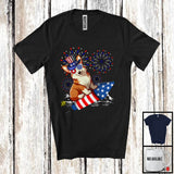 MacnyStore - Corgi Riding Firecracker, Amazing 4th Of July American Flag Fireworks, Patriotic Group T-Shirt