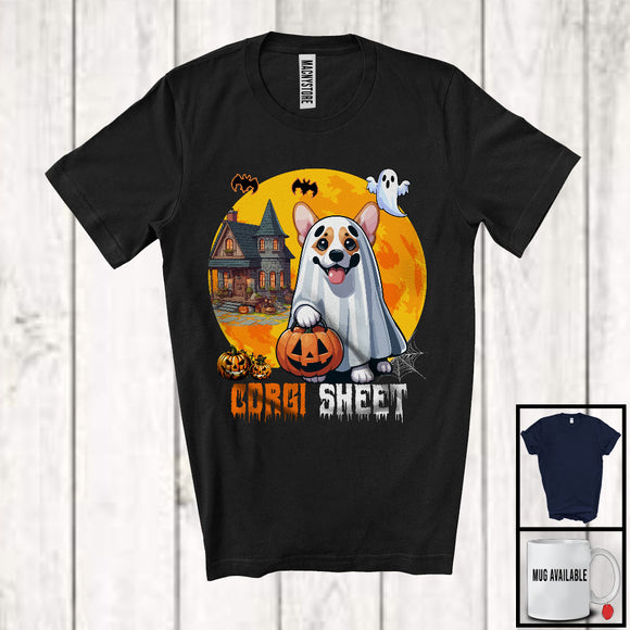 MacnyStore - Corgi Sheet, Humorous Halloween Moon Boo Ghost Corgi Owner Lover, Family Group T-Shirt