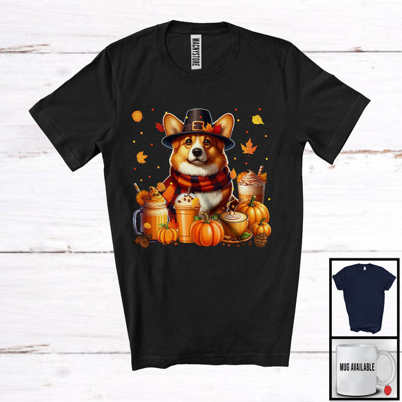 MacnyStore - Corgi With Coffee Smoothie, Wonderful Thanksgiving Pumpkins Drinks Fall Leaves T-Shirt