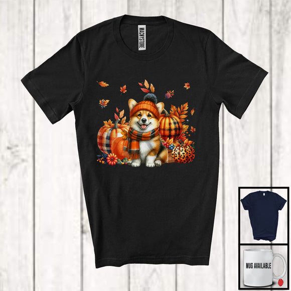 MacnyStore - Corgi With Plaid Pumpkins Fall Leaves; Lovely Thanksgiving Dog Lover; Family Group T-Shirt