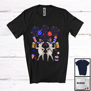 MacnyStore - Couple Two Goat Drinking Beer, Humorous 4th Of July Fireworks Farm, Farmer Patriotic T-Shirt