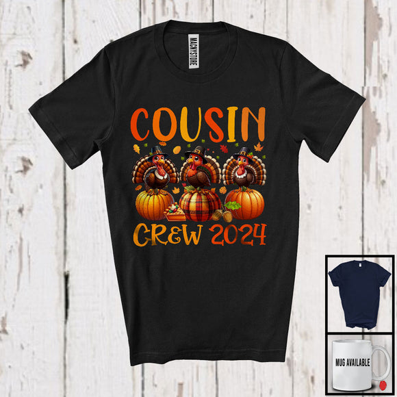 MacnyStore - Cousin Crew 2024, Humorous Thanksgiving Three Turkey Pumpkin, Matching Family Group T-Shirt