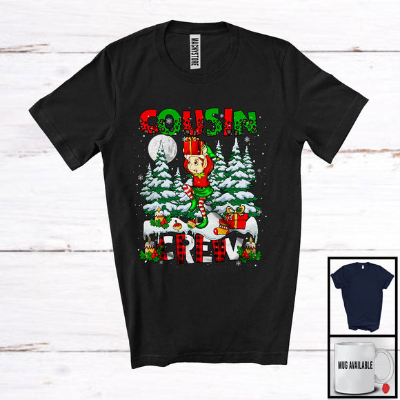 MacnyStore - Cousin Crew; Adorable Christmas Tree Moon Elf; Leopard Plaid Matching Elf Family Group T-Shirt