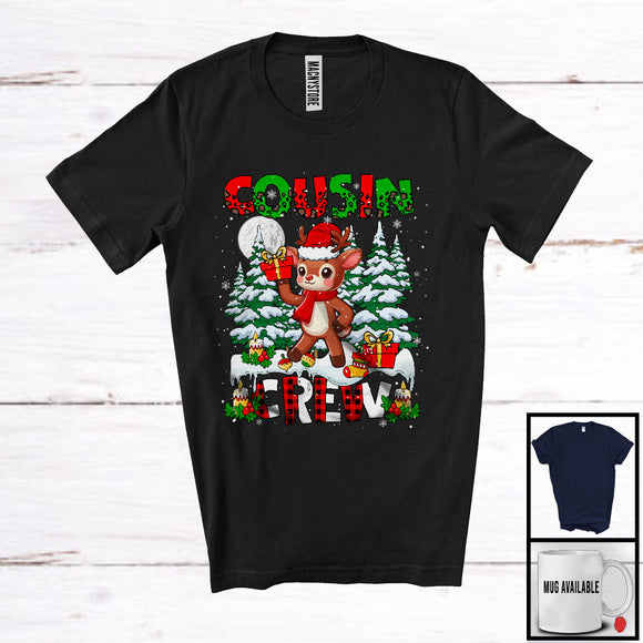 MacnyStore - Cousin Crew; Adorable Christmas Tree Moon Reindeer; Leopard Plaid Matching Elf Family Group T-Shirt