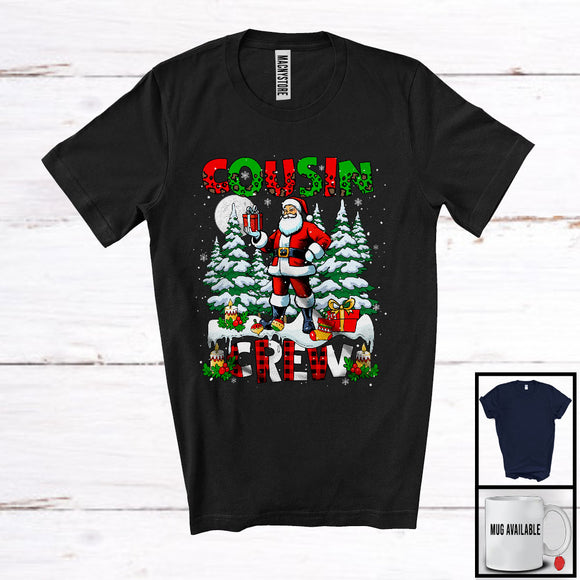 MacnyStore - Cousin Crew; Adorable Christmas Tree Moon Santa; Leopard Plaid Matching Elf Family Group T-Shirt