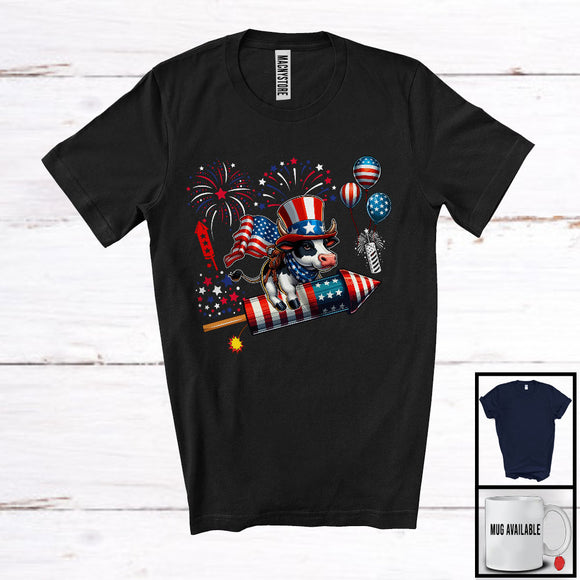 MacnyStore - Cow Riding Firecracker, Wonderful 4th Of July USA Flag Animal Farm Fireworks, Patriotic T-Shirt