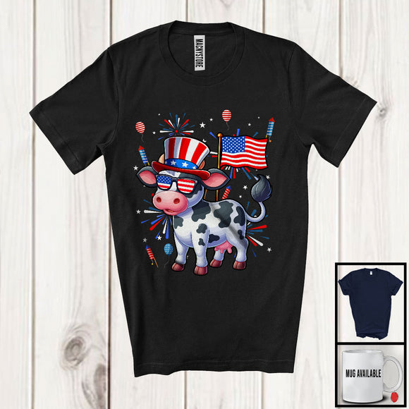 MacnyStore - Cow With American Flag Fireworks, Awesome 4th Of July Cow Lover, Patriotic Group T-Shirt