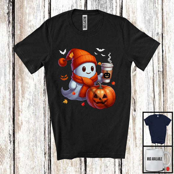 MacnyStore - Cute Ghost Drinking Coffee; Adorable Halloween Costume Coffee Lover; Matching Family Group T-Shirt