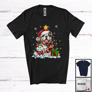 MacnyStore - Cute Santa Bulldog In Christmas Lights With Elf Cat; Amazing X-mas Animal Lover; Snow T-Shirt