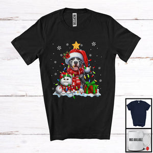 MacnyStore - Cute Santa Pit Bull In Christmas Lights With Elf Cat; Amazing X-mas Animal Lover; Snow T-Shirt