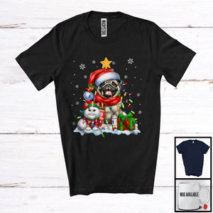 MacnyStore - Cute Santa Pug In Christmas Lights With Elf Cat; Amazing X-mas Animal Lover; Snow T-Shirt