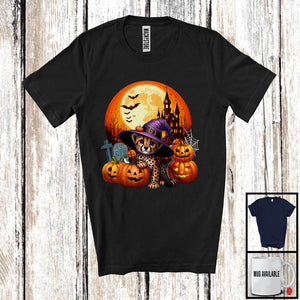 MacnyStore - Cute Witch Cheetah With Carved Pumpkins, Adorable Halloween Moon Wild Animal Lover, Family T-Shirt