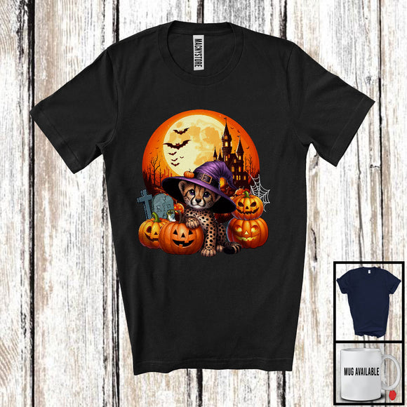 MacnyStore - Cute Witch Cheetah With Carved Pumpkins, Adorable Halloween Moon Wild Animal Lover, Family T-Shirt