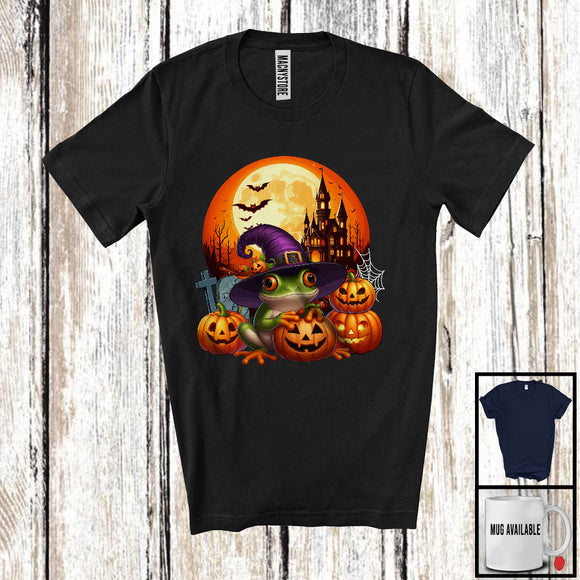 MacnyStore - Cute Witch Frog With Carved Pumpkins, Adorable Halloween Moon Wild Animal Lover, Family T-Shirt