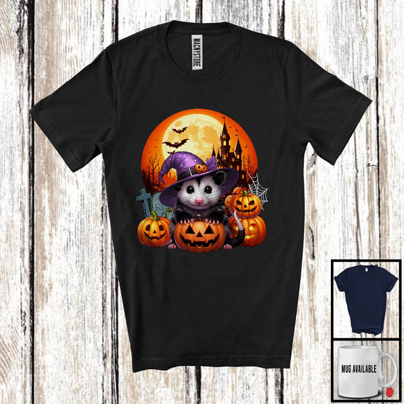 MacnyStore - Cute Witch Opossum With Carved Pumpkins, Adorable Halloween Moon Wild Animal Lover, Family T-Shirt