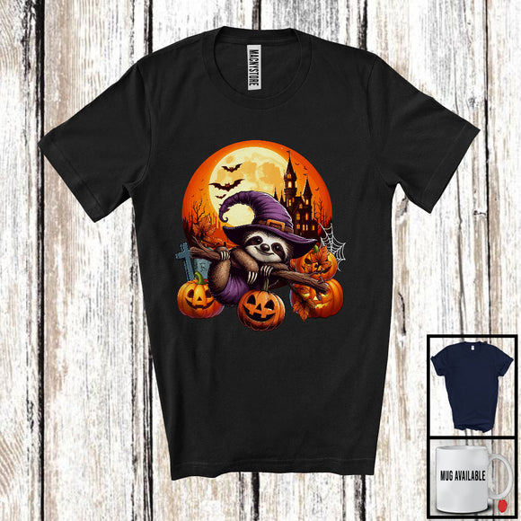 MacnyStore - Cute Witch Sloth With Carved Pumpkins, Adorable Halloween Moon Wild Animal Lover, Family T-Shirt