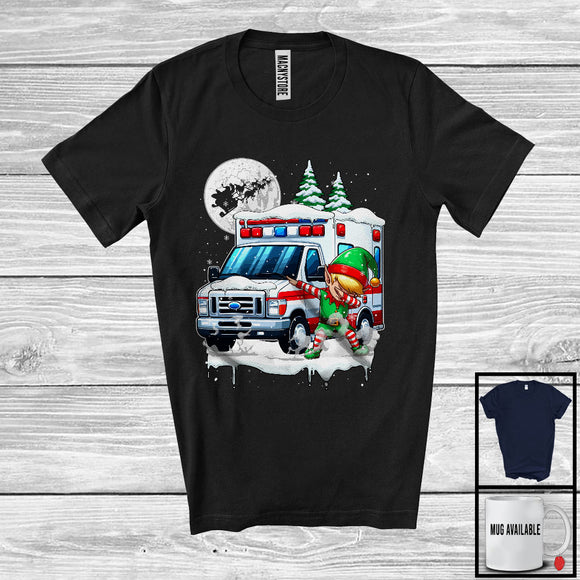 MacnyStore - Dabbing Elf On Ambulance; Joyful Christmas Moon Snowing Elf; Ambulance Driver Lover T-Shirt