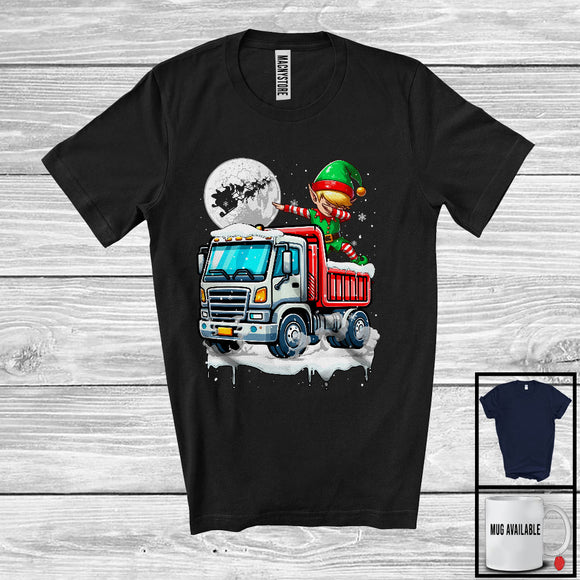 MacnyStore - Dabbing Elf On Truck; Joyful Christmas Moon Snowing Elf; Truck Driver Lover X-mas Group T-Shirt