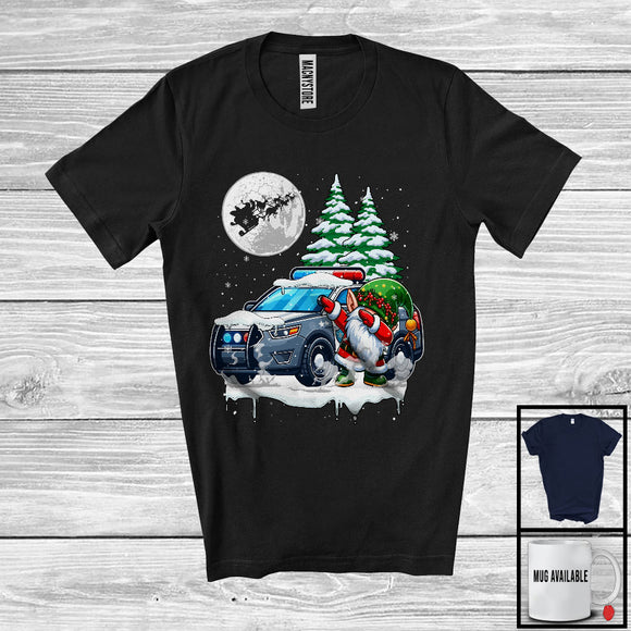 MacnyStore - Dabbing Gnome On Police Car; Joyful Christmas Moon Snowing Gnome; Police Car Driver Lover T-Shirt