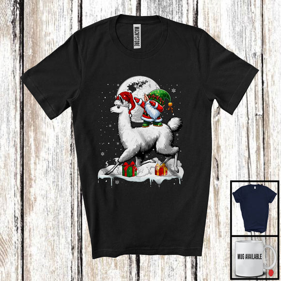 MacnyStore - Dabbing Gnome Riding Llama; Humorous Christmas Snow Around Farm Animal; X-mas Farmer T-Shirt