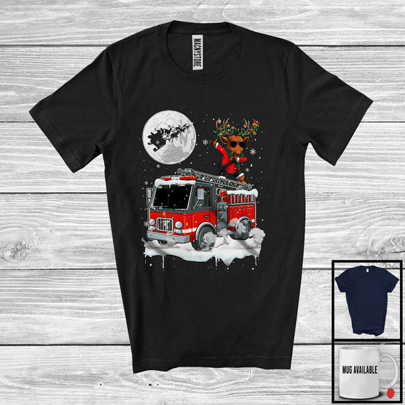 MacnyStore - Dabbing Reindeer On Fire Truck; Joyful Christmas Moon Snowing Reindeer; Fire Truck Driver Lover T-Shirt