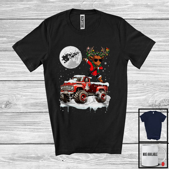 MacnyStore - Dabbing Reindeer On Pickup Truck; Joyful Christmas Moon Snowing Reindeer; Pickup Truck Driver T-Shirt