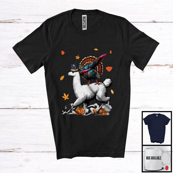 MacnyStore - Dabbing Turkey Riding Llama; Humorous Thanksgiving Turkey Farm Animal Lover; Farmer Group T-Shirt