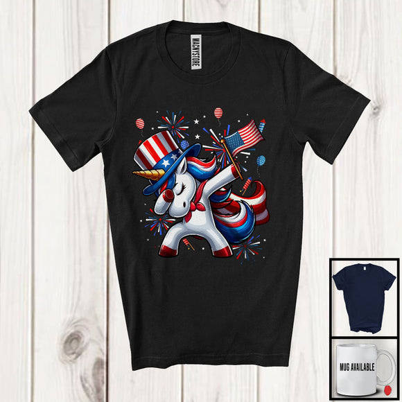 MacnyStore - Dabbing Unicorn With American Flag Fireworks, Awesome 4th Of July Unicorn Lover, Patriotic Group T-Shirt