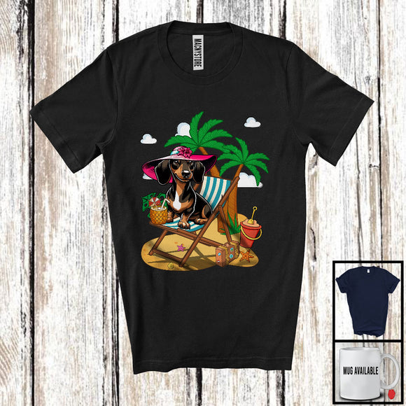 MacnyStore - Dachshund On Beach, Adorable Summer Vacation Palm Tree, Travel Trip Family Group T-Shirt