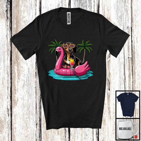 MacnyStore - Dachshund On Flamingo Float; Joyful Summer Vacation Hawaii; Pool Beach Family Group T-Shirt