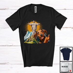 MacnyStore - Dachshund Selfie With Jesus Statue; Lovely Dachshund Owner Lover; Matching Family Group T-Shirt