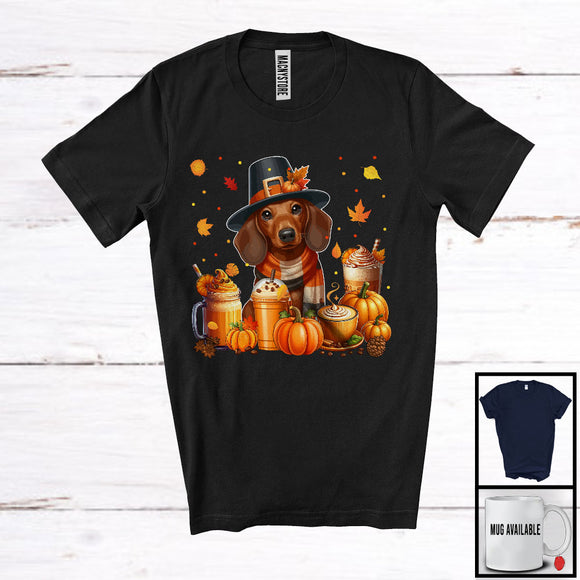 MacnyStore - Dachshund With Coffee Smoothie, Wonderful Thanksgiving Pumpkins Drinks Fall Leaves T-Shirt