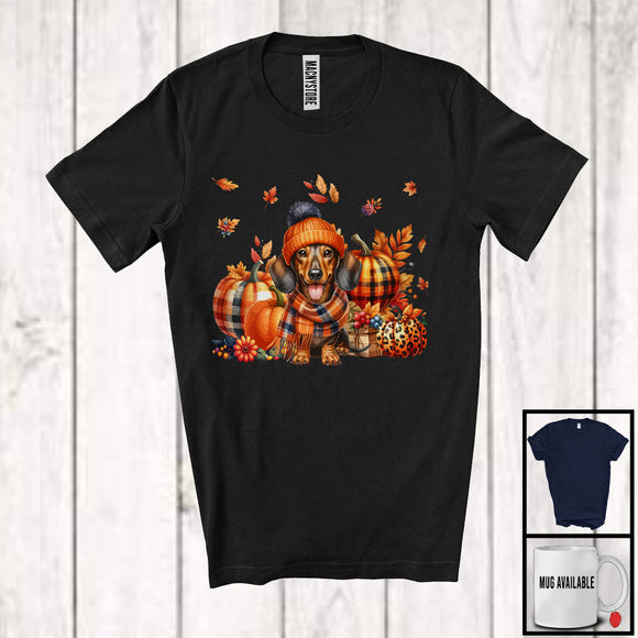 MacnyStore - Dachshund With Plaid Pumpkins Fall Leaves; Lovely Thanksgiving Dog Lover; Family Group T-Shirt