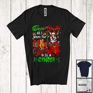 MacnyStore - Dear Santa All I Want For Christmas Is A Corgi; Joyful X-mas Lights Snowing; Family T-Shirt