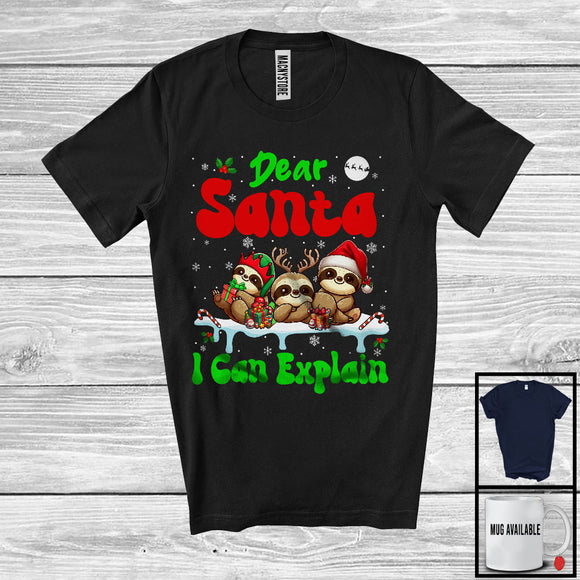 MacnyStore - Dear Santa I Can Explain; Fantastic Christmas Lights Three Santa Reindeer Elf Sloths; Animal Lover T-Shirt