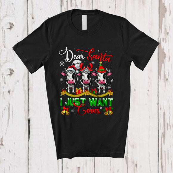 MacnyStore - Dear Santa I Just Want Cows; Humorous Christmas Three Santa Reindeer Elf Cows; Snowing Farmer T-Shirt