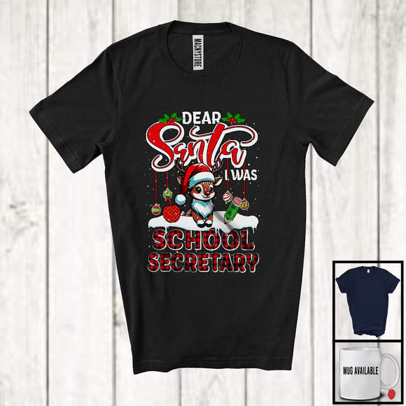 MacnyStore - Dear Santa I Was School Secretary; Humorous Christmas Plaid Cute Reindeer; X-mas Jobs Family T-Shirt