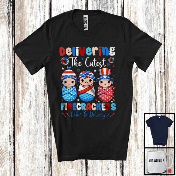 MacnyStore - Delivering The Cutest Firecrackers, Lovely 4th Of July Labor And Delivery Nurse, L&D Nurse Group T-Shirt