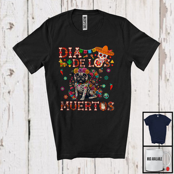 MacnyStore - Dia De Los Muertos; Adorable Pug Dog Flowers Sugar Skull Skeleton; Floral Mexican Family T-Shirt