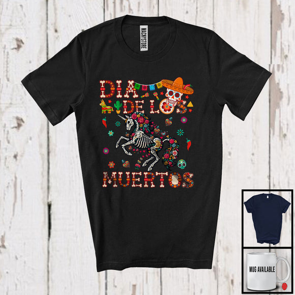 MacnyStore - Dia De Los Muertos; Adorable Unicorn Flowers Sugar Skull Skeleton; Floral Mexican Family Group T-Shirt