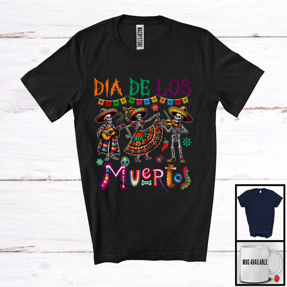 MacnyStore - Dia De Los Muertos, Humorous Three Skeletons Mexican Dancing Playing Guitar Violin, Family T-Shirt