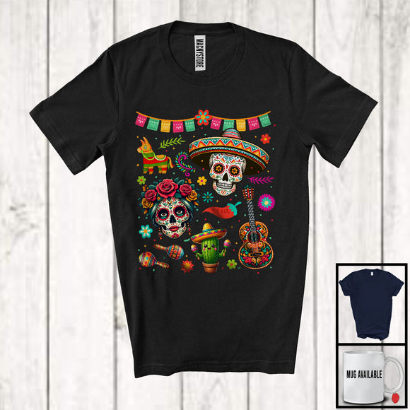 MacnyStore - Dia De Los Muertos; Joyful Floral Flowers Hanging Skulls; Sombrero Cactus Mexican Lover T-Shirt