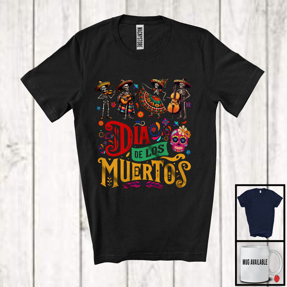 MacnyStore - Dia De Los Muertos; Joyful Four Mexican Guitarist Skeletons; Dancing Playing Cello Music Lover T-Shirt