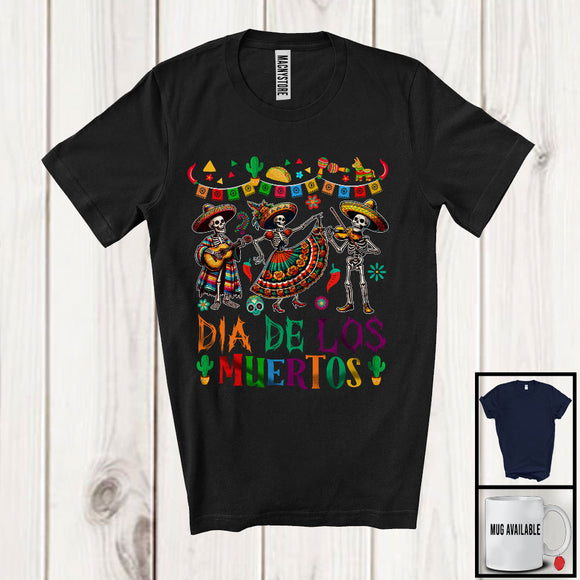 MacnyStore - Dia De Los Muertos, Joyful Three Dancing Skeletons Playing Guitar Violin, Proud Mexican T-Shirt