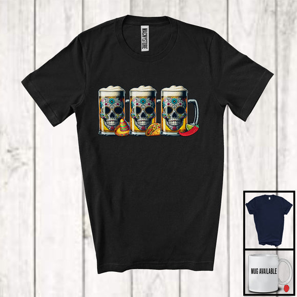 MacnyStore - Dia De Los Muertos; Sarcastic Three Glasses Of Beer Sugar Skull Mexican; Drunker Drinking T-Shirt