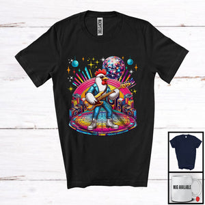 MacnyStore - Disco Chicken Playing Guitar; Cheerful Farmer Guitarist Chicken Music Lover; Matching Wild Animal T-Shirt