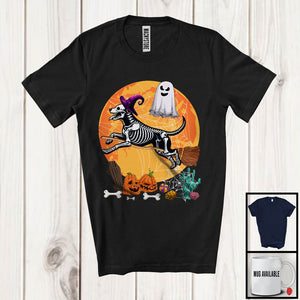 MacnyStore - Dog Skeleton Witch On Broomstick, Humorous Halloween Costume Moon, Witch Boo Ghost Lover T-Shirt