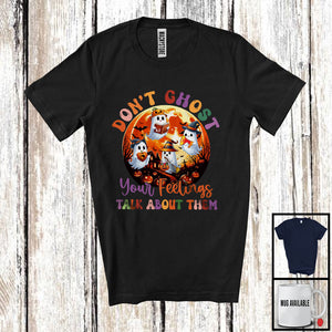 MacnyStore - Don't Ghost Your Feelings; Lovely Halloween Moon Boo Ghost; Matching Social Worker Group T-Shirt