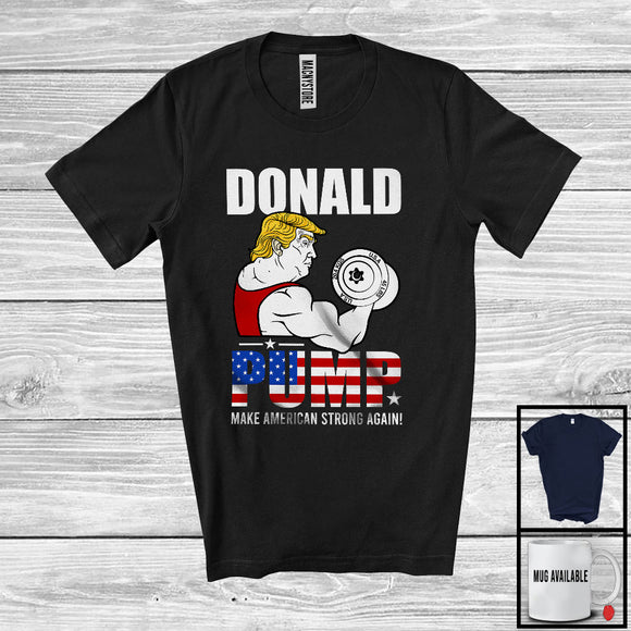 MacnyStore - Donald Pump Make America Strong Again; Humorous Election 2024 USA Flag; Weightlifting T-Shirt